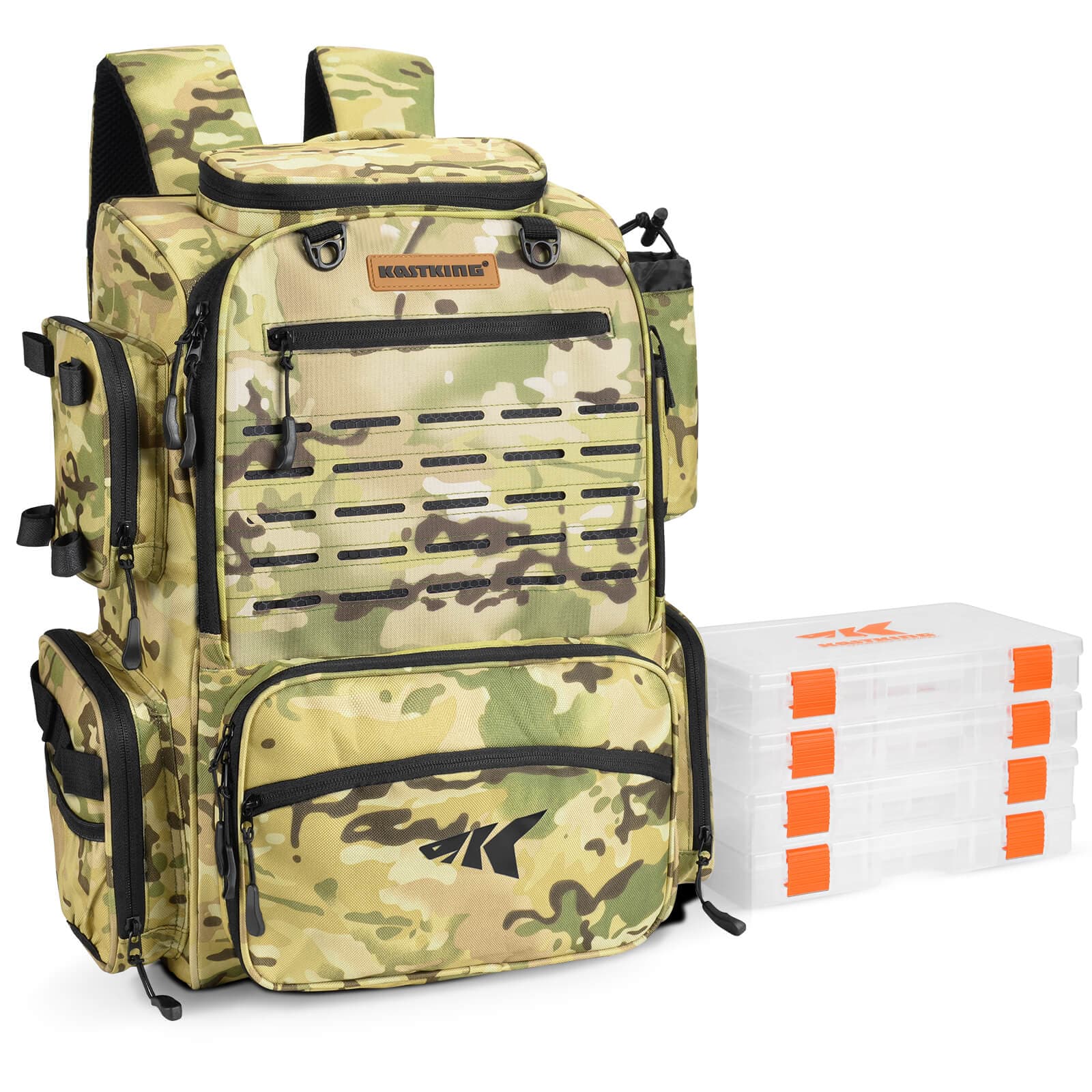 KastKing Bait Boss Fishing Tackle Backpack with Rod Holders 4 Tackle Boxes
