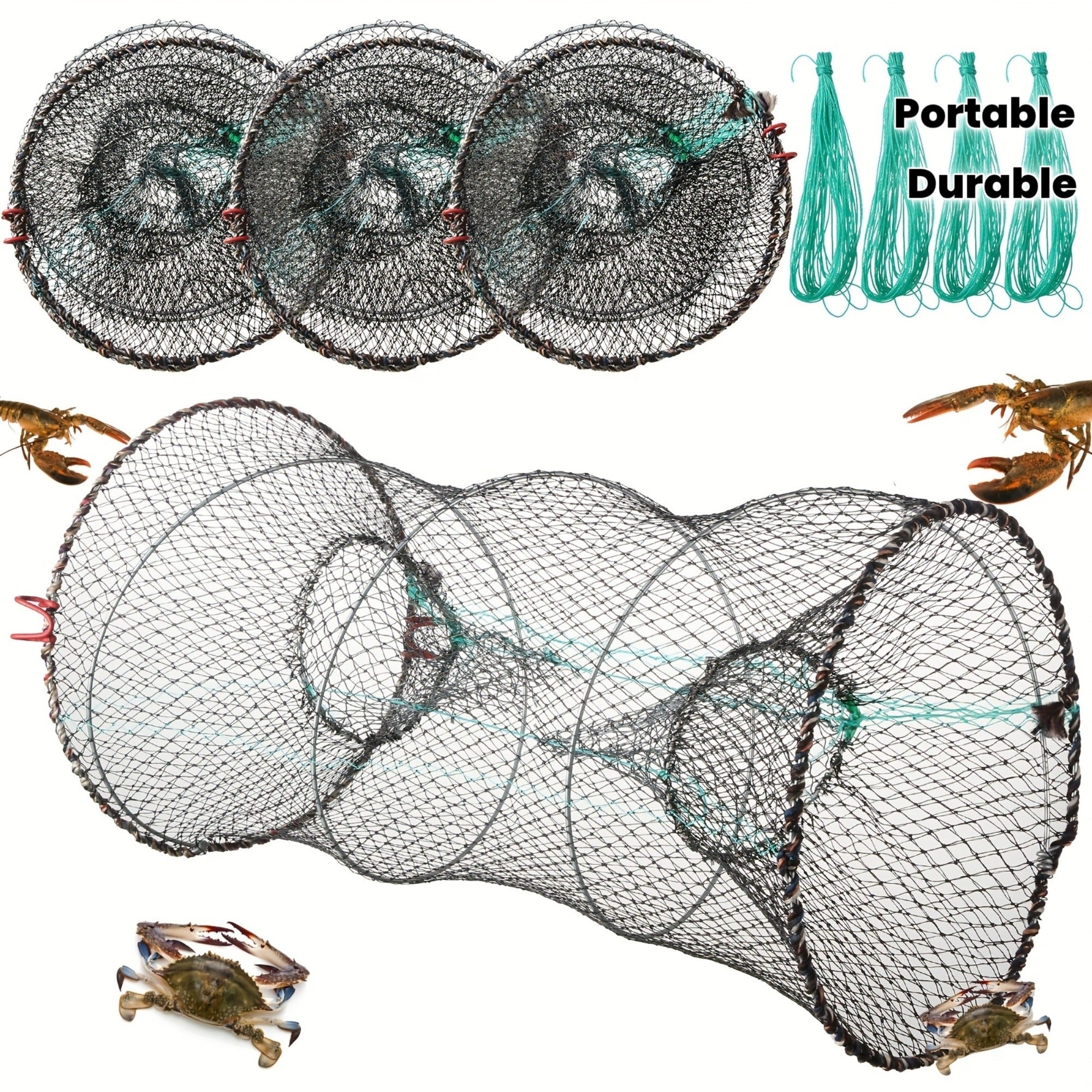 Collapsible Fishing Trap Net 4 Pack - Crab Crawfish Minnow Lobster Shrimp Bait Cage with 49ft Rope, 12x24 Inch Foldable Fish Trap, Durable PA Nylon, Portable Freshwater Saltwater Fishing Gear