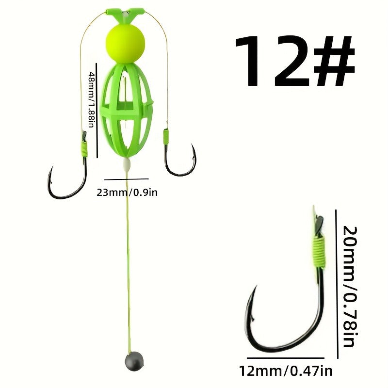 Fishing Hook Cage Set 3pcs Anti-Snag Double Hook Rig with Non-Twist Explosive & Flip Hooks – Carbon Steel Green Lure Fishing Bottom Hanging Prevention, Size 10# & 12#, Great Father's Day Gift