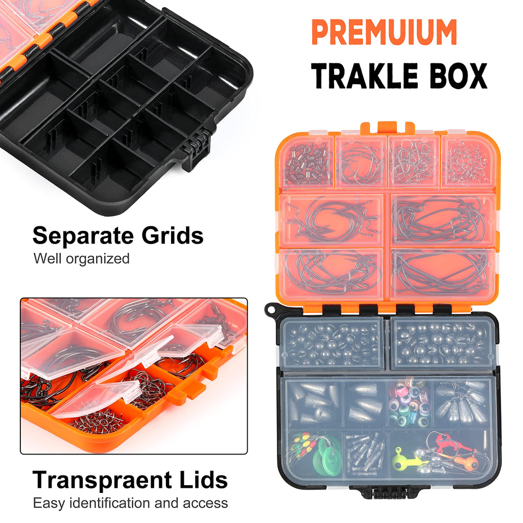 PLUSINNO 253/387pcs Fishing Gear Accessories Kit, Fishing Tackle Box with Tackle Included, Fishing Hooks, Fishing Weights Sinkers, Spinner Blade, Fishing Equipment for Bass Trout Bluegill Crappie